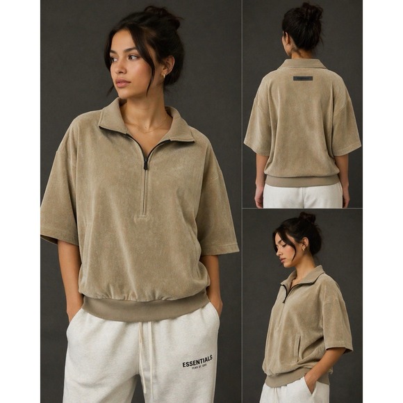 Fear of God Tops - Fear of God Essentials Half Zip Velour Pullover Sweatshirt Oak Oversized NWT